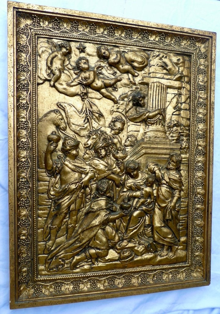 Antiek Barok Wandreliëf , gips/stucco op Hout 19e Eeuw , Ophalen of Verzenden
