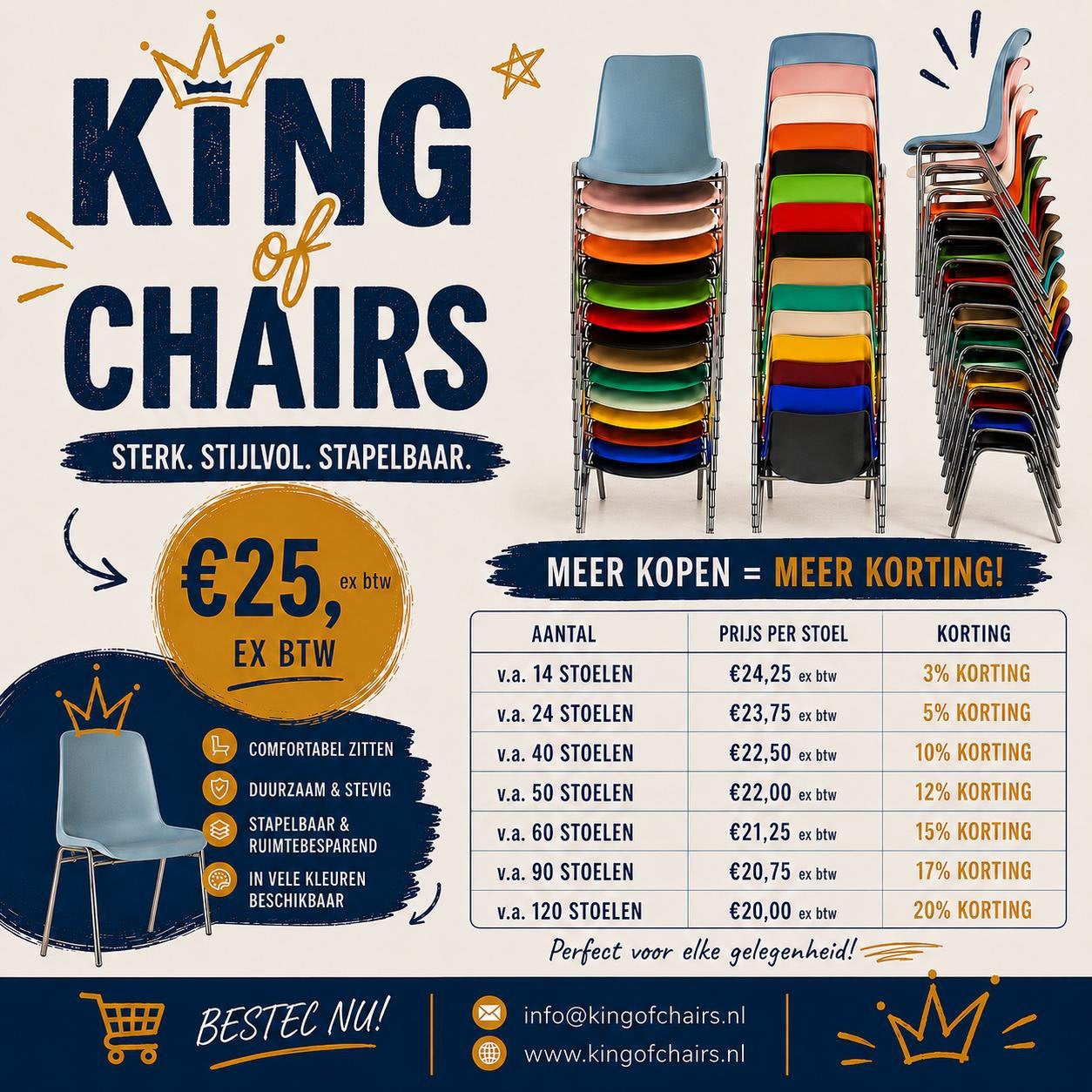 Helene stapelstoelen kantinestoelen kuipstoelen 15 kleuren, Huis en Inrichting, Stoelen, Everardo, Nieuw, Info@everardo.nl, Ophalen of Verzenden