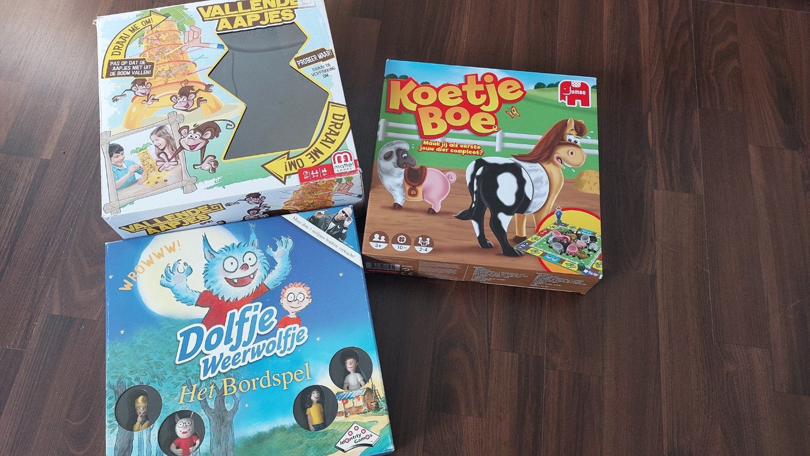 Bordspellen: Koetje Boe, Dolfje Weerwolfje, Vallende Aapjes, Een of twee spelers, Ophalen of Verzenden, Gebruikt, Jumbo, 999 Games, Mattel