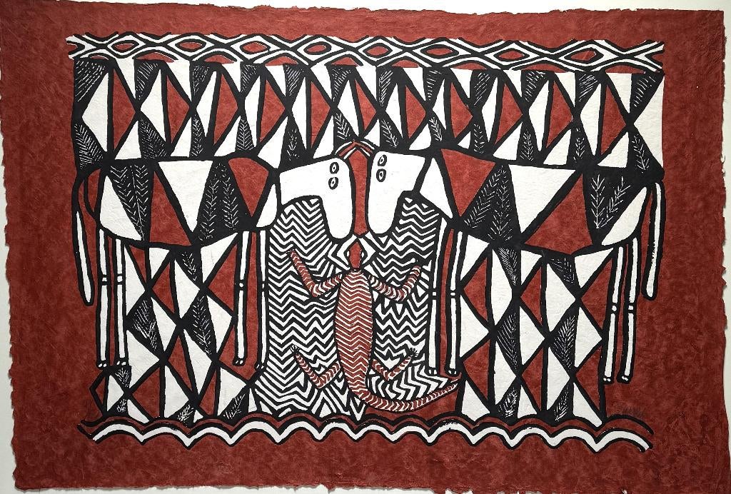 269. Schilderij, vrouwengroep SWOPA Ghana - hagedis en ossen, Antiek en Kunst, Ophalen of Verzenden
