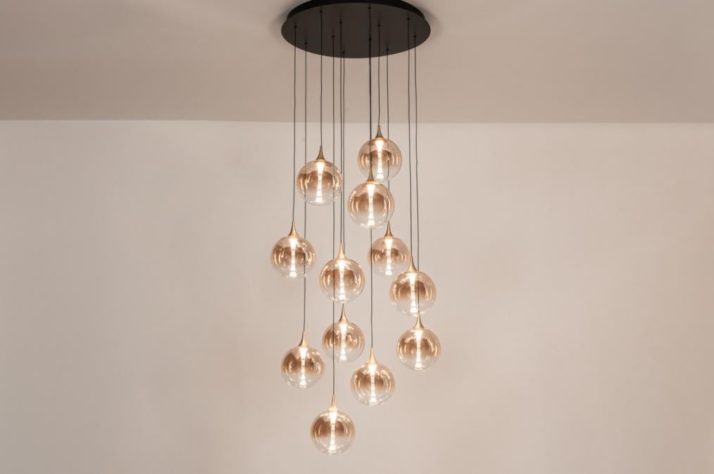 hanglamp 12 led glazen bollen amber vide eettafel tafel lamp, Ophalen of Verzenden, Nieuw, Glas, Minder dan 50 cm