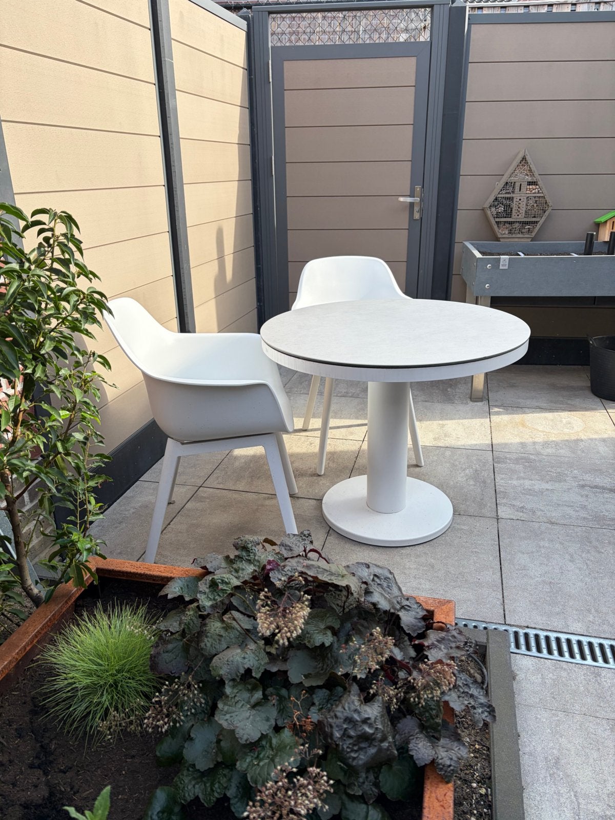 TUINSET LIFE : ronde tafel keramisch blad + 2 kuipstoelen, Aluminium, Zo goed als nieuw, Tuinset, Eettafel