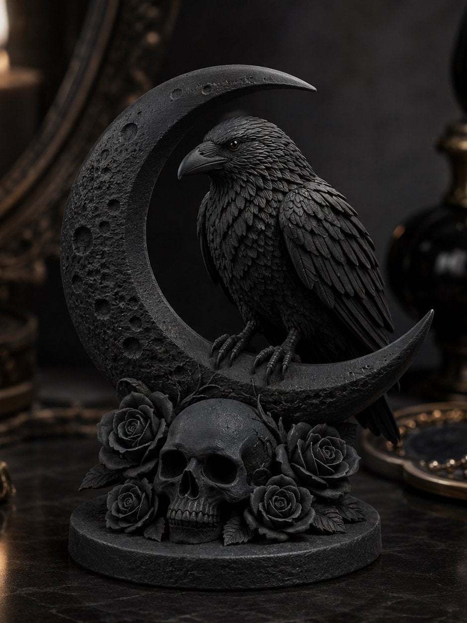 3D-geprinte Raaf op Maan – Gothic decoratie, Ophalen of Verzenden, Nieuw, Fantasy