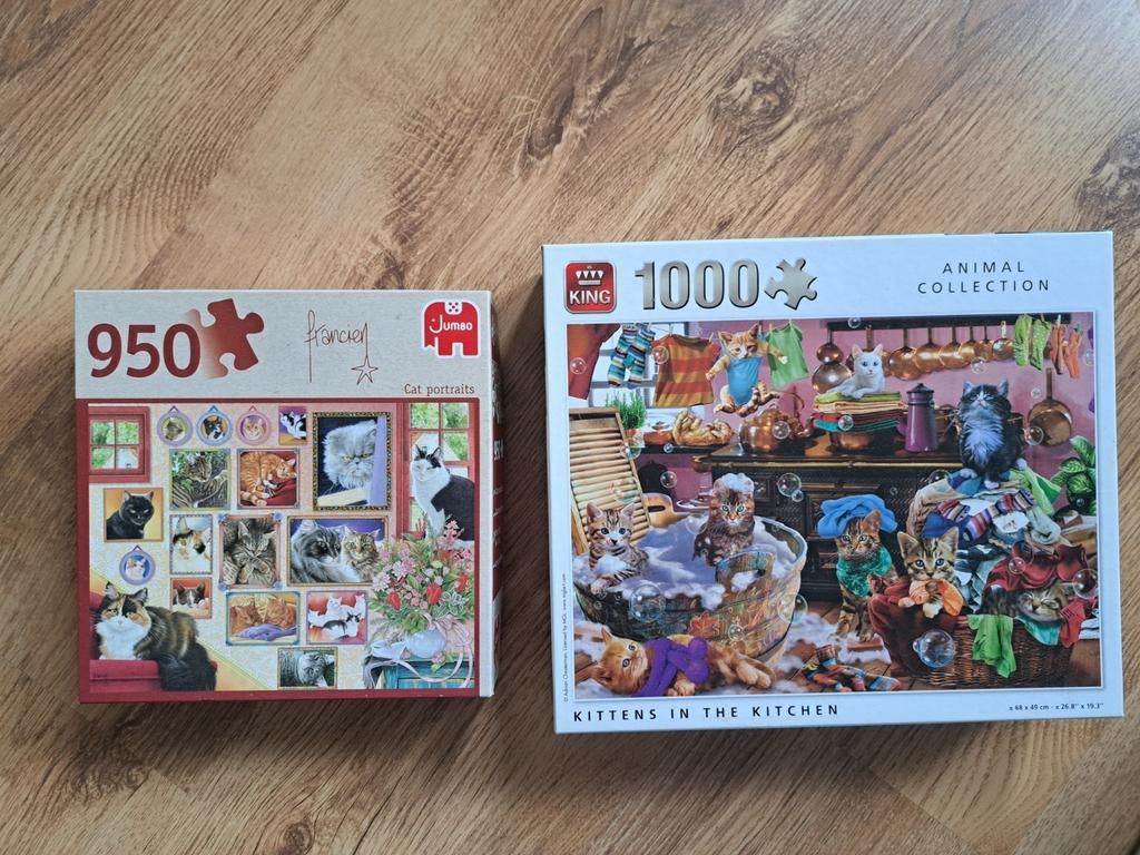 2 kattenpuzzels, Ophalen of Verzenden, 500 t/m 1500 stukjes, Gebruikt, Legpuzzel