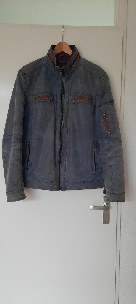 DNR (nu Donders 1860) denim blauw lederen heren jack mt 52, DNR nu Donders 1860, Maat 52/54 (L), Blauw, Ophalen of Verzenden
