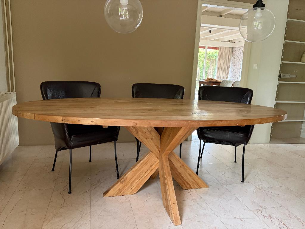 Massief eikenhouten ovale eettafel | 220x109 cm | Kruispoot, Huis en Inrichting, Tafels | Eettafels, Ophalen, 100 tot 150 cm, Eikenhout