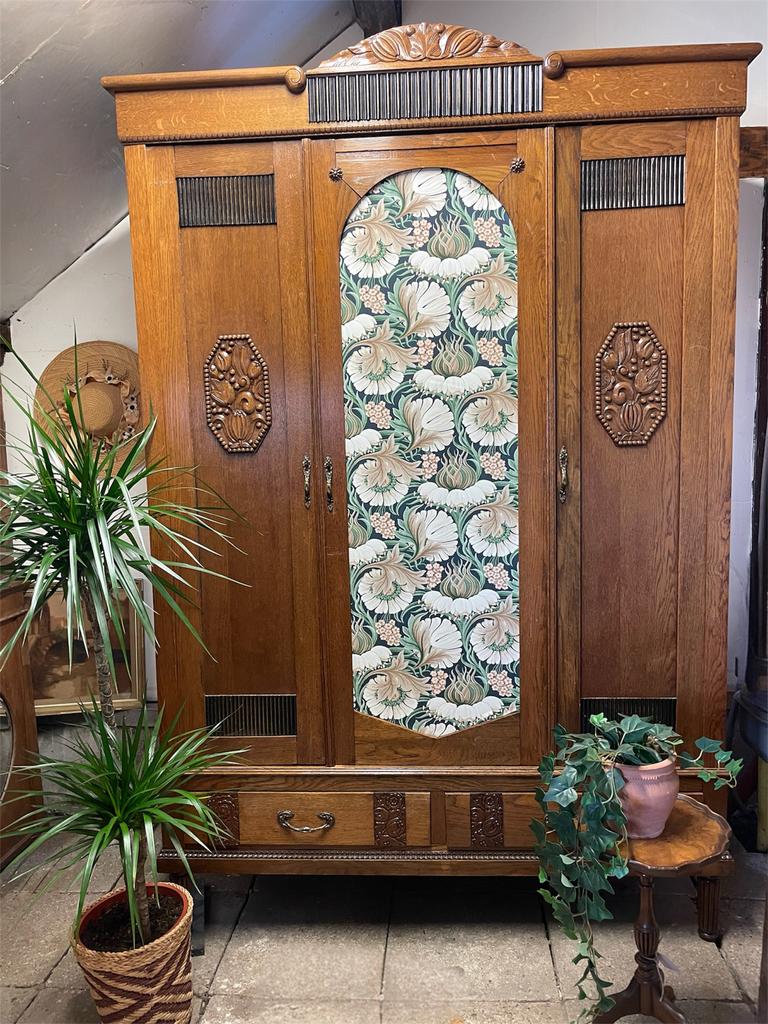 Vintage houten kledingkast houtsnijwerk art deco, Ophalen, Gebruikt, 100 tot 150 cm, 200 cm of meer