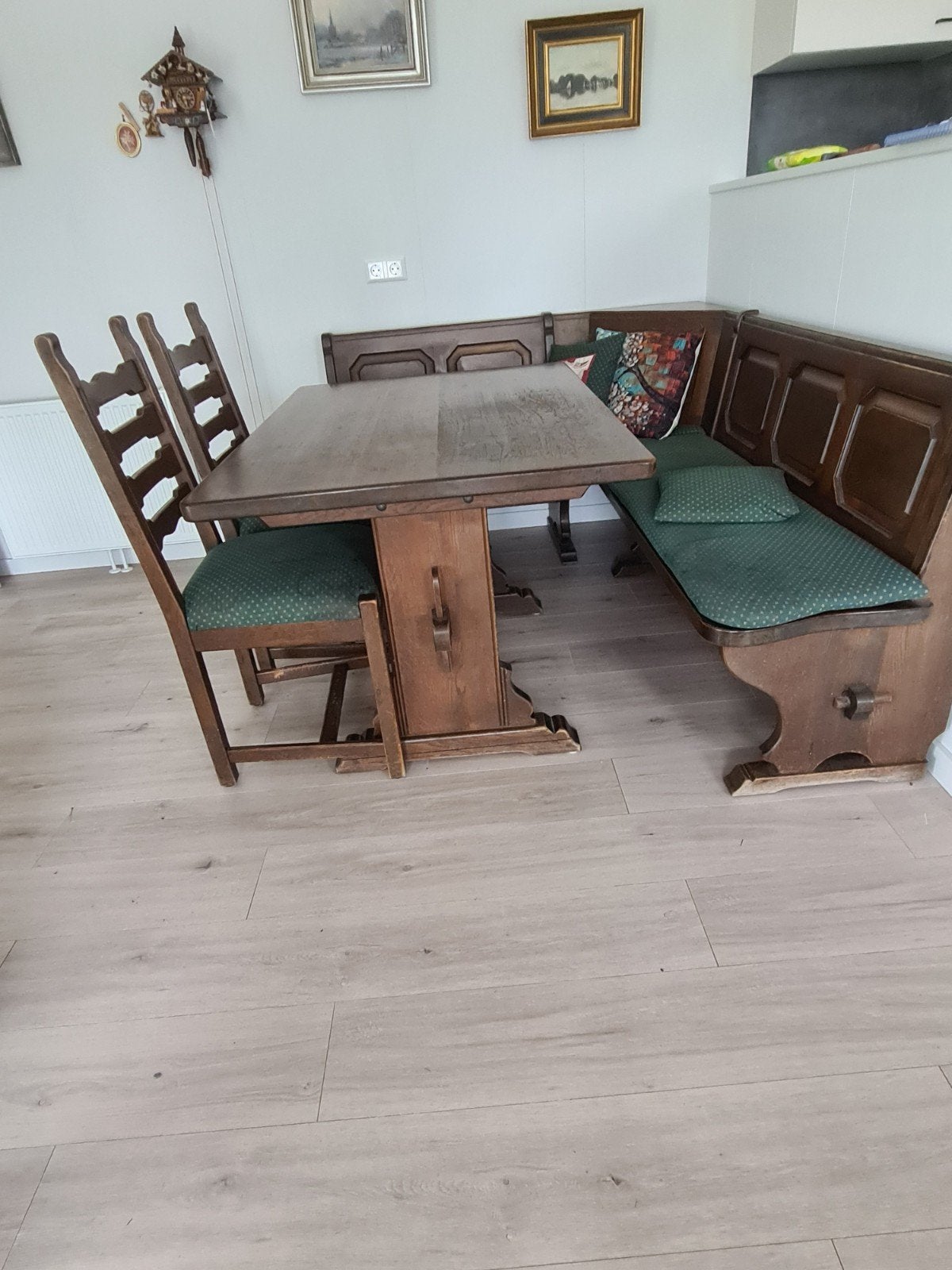 Eikenhouten eethoek met hoekbank en stoelen, Huis en Inrichting, Ophalen of Verzenden, Gebruikt, Rustiek, Landelijk, Minder dan 4 stoelen