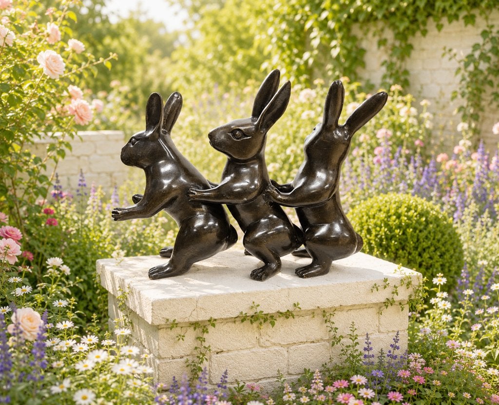3 HAZEN IN POLONAISE / bronzen beeld, Dierenbeeld, Nieuw, Info@huisentuindecoratiemarie.nl, Huis en tuin decoratie marie