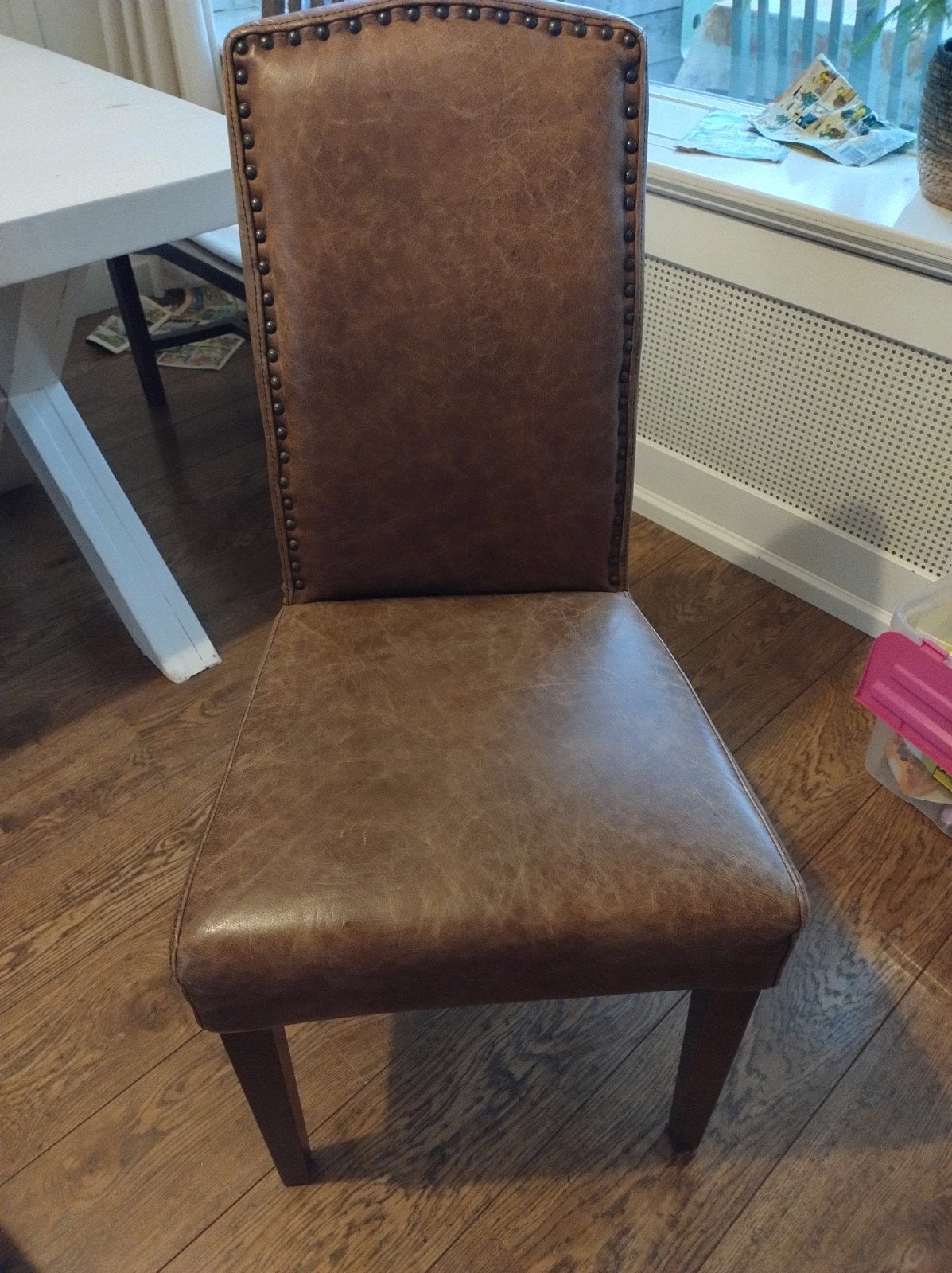 4 lederen eetkamerstoelen, Huis en Inrichting, Ophalen, Bruin, Leer, Zo goed als nieuw