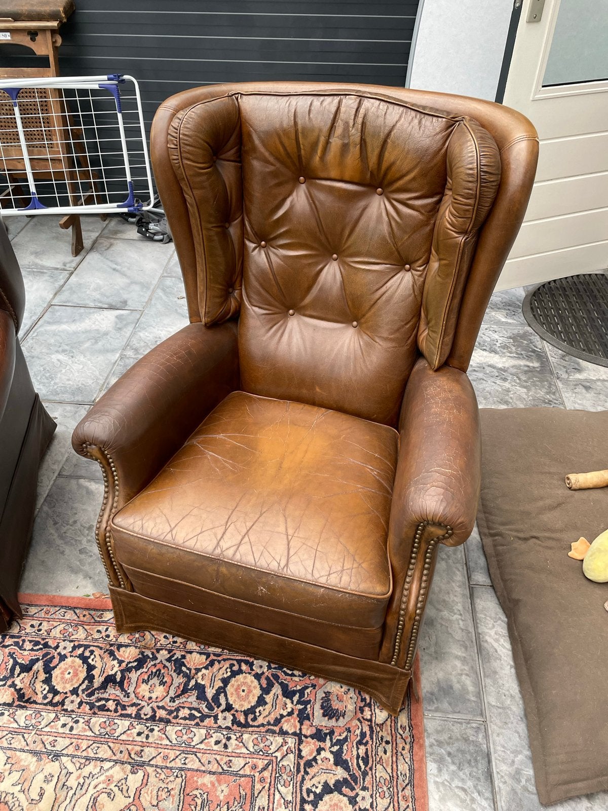 Vintage Leren Fauteuil - Chesterfield Stijl, Ophalen of Verzenden