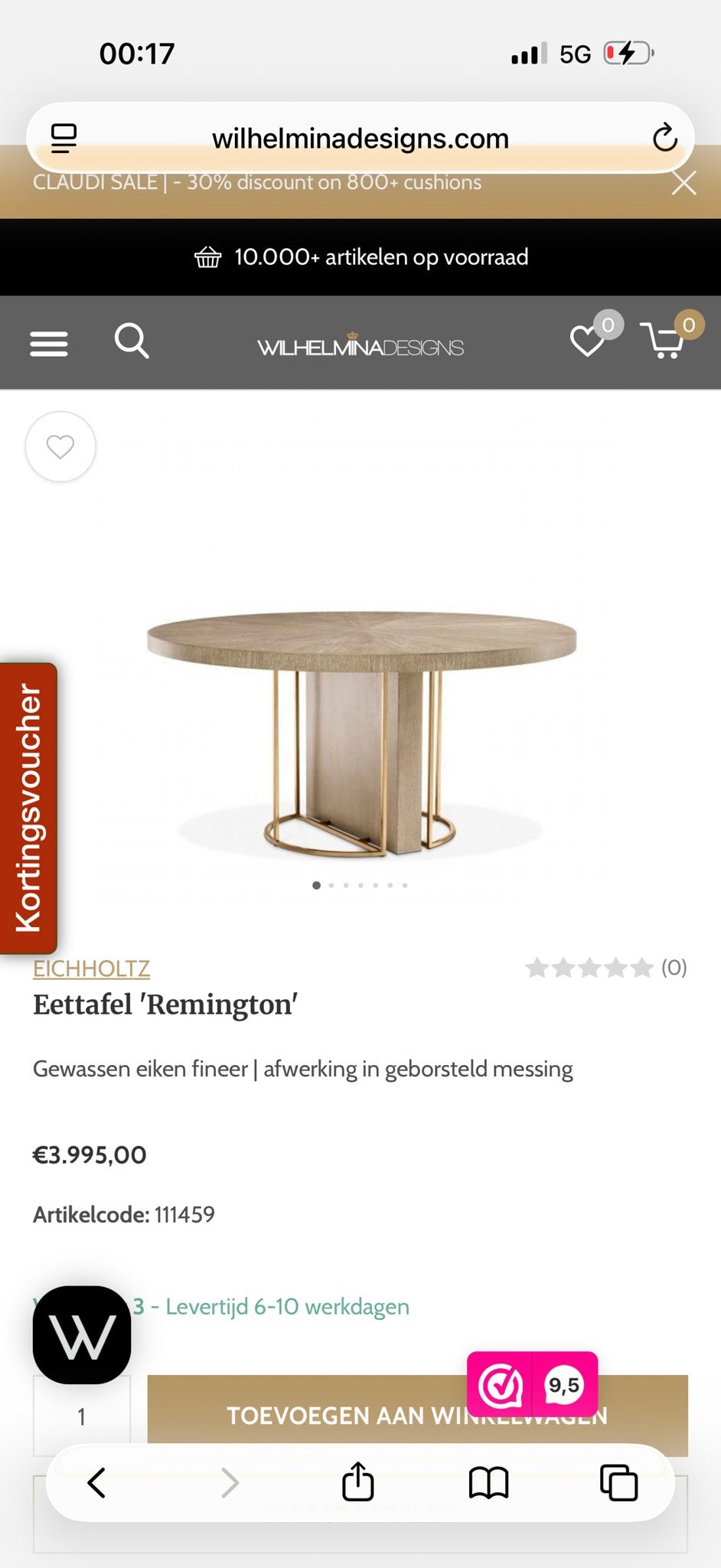 Eichholtz Remington Eettafel - Rond, Eiken & Messing, 100 tot 150 cm, Ophalen of Verzenden, Zo goed als nieuw, Vier personen