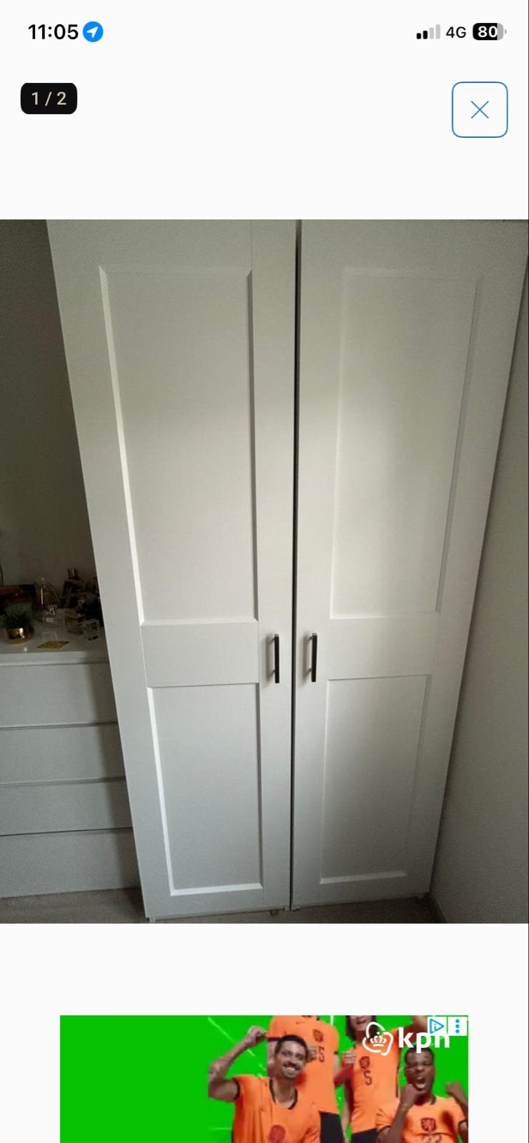 2 Ikea Pax GRIMO WIT Kastdeuren (195 cm hoog), Ophalen, Overige materialen, Gebruikt, 50 tot 100 cm