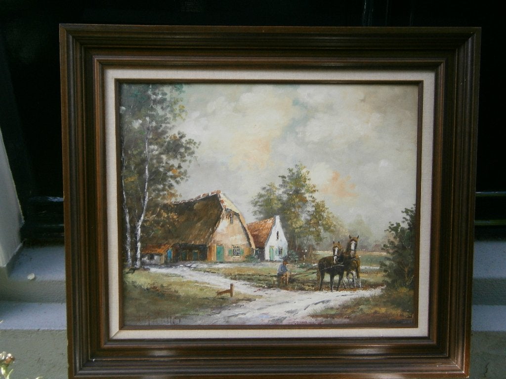 Jan Hendrik Miller: Boerenwoningen met span paarden, Doek, Realistisch, Ophalen of Verzenden, Olieverf