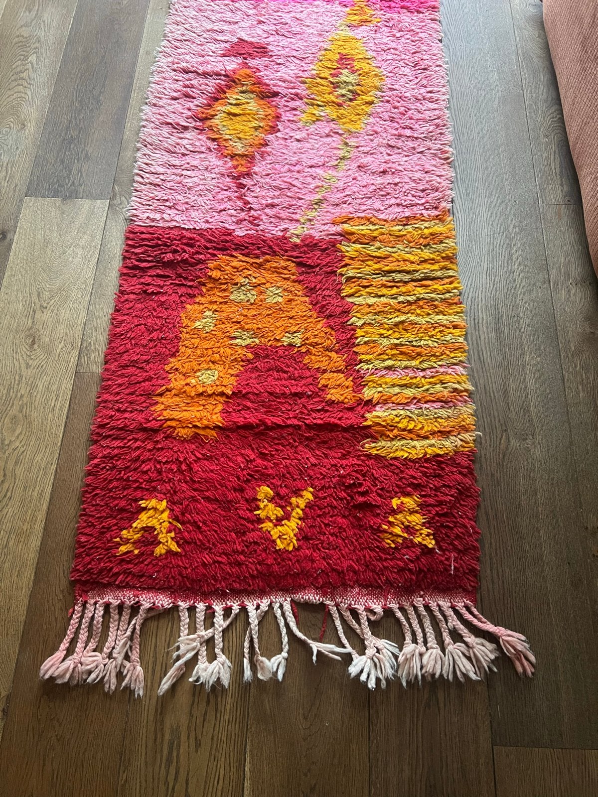 Berbers gekleurd handgeknoopt wollen kleed 350x71cm, Ophalen, Gebruikt, 200 cm of meer, Oranje