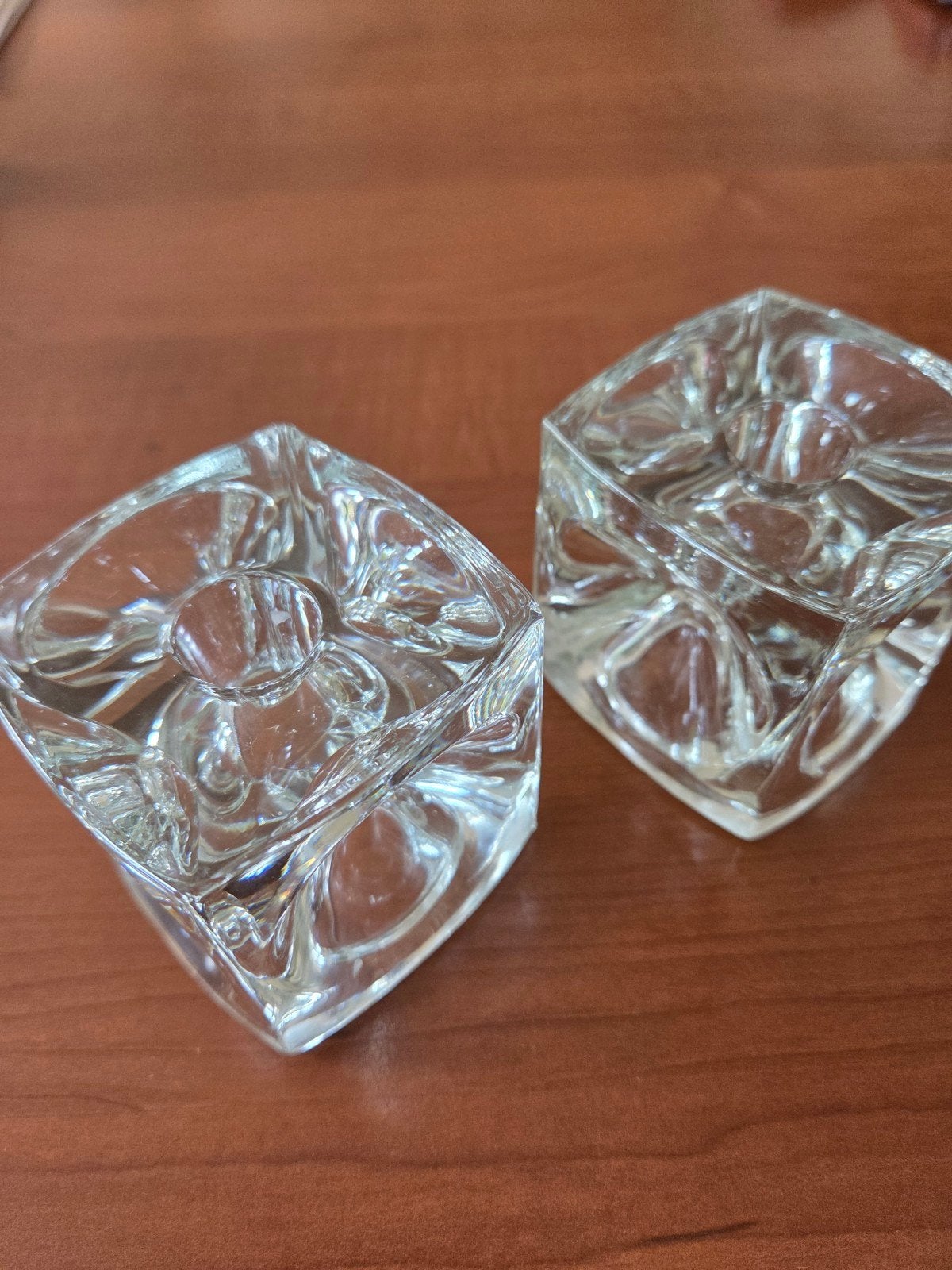 Set van 2 glazen vintage  kandelaars, Ophalen of Verzenden, Glas