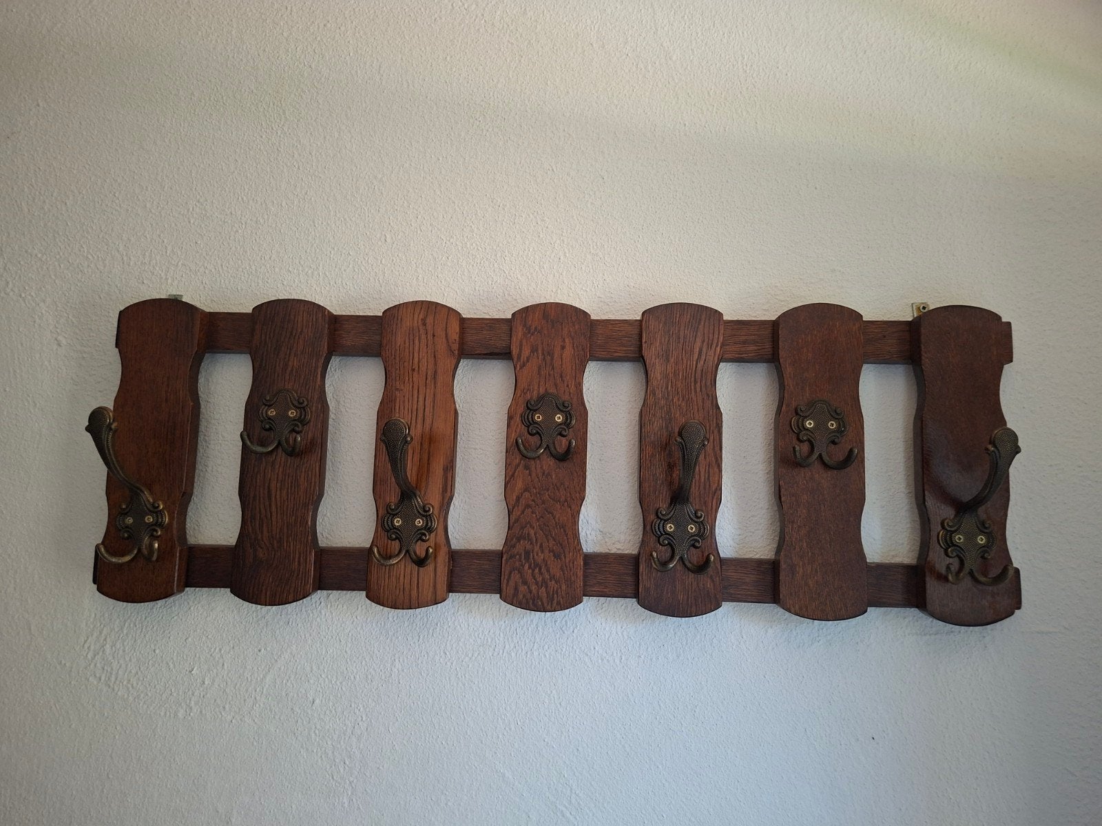 Vintage houten wandkapstok met metalen haken, Gebruikt, Minder dan 100 cm, Hout, Ophalen