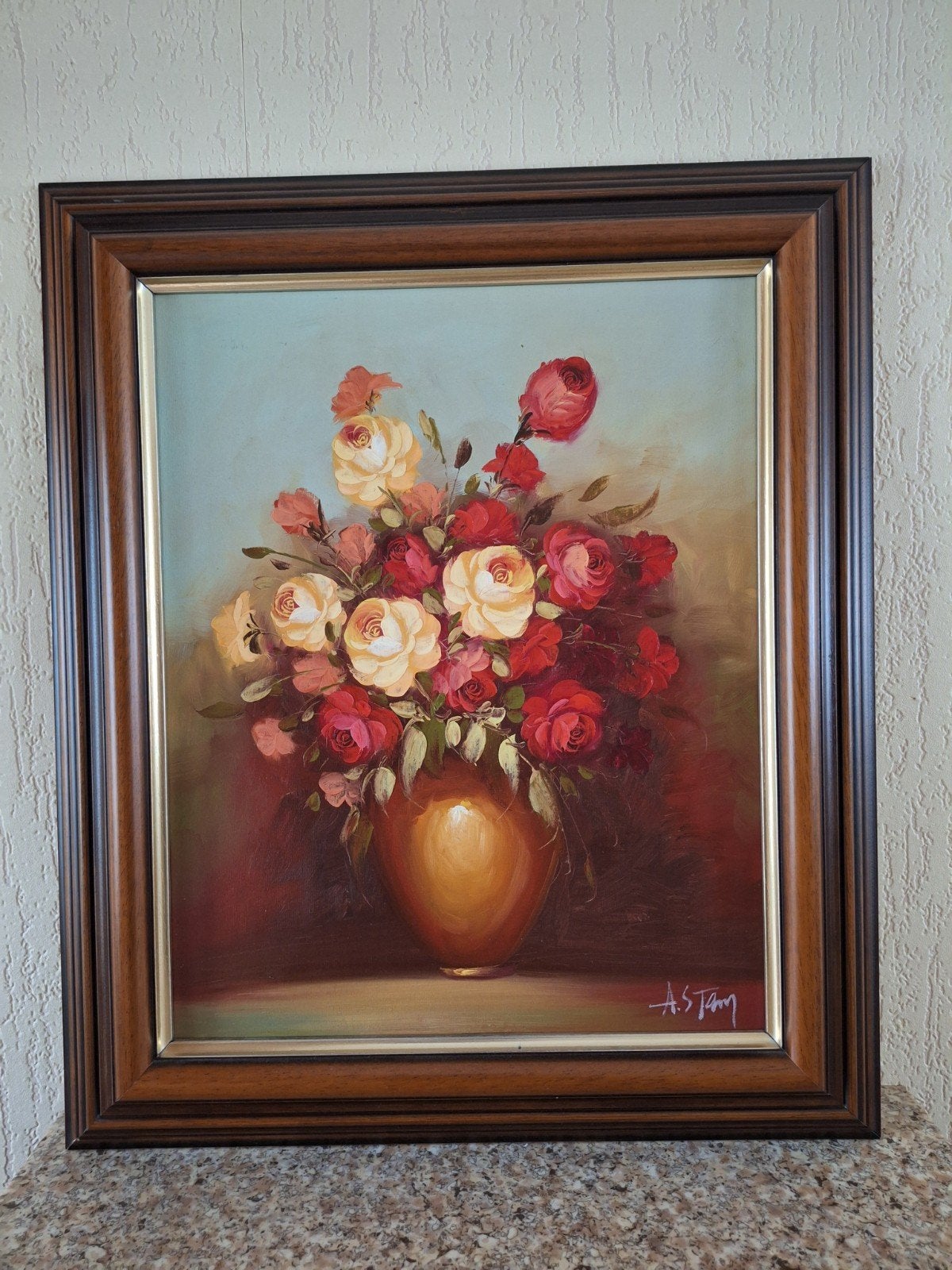 Schilderij met bloemen in vaas, gesigneerd A.S. Tang, Doek, Realistisch, Olieverf, Gesigneerd
