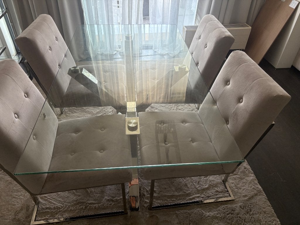 Luxe glazen eettafel met 4 Richmond eetkamerstoelen, Ophalen, Gebruikt, Richmond, 200 cm of meer