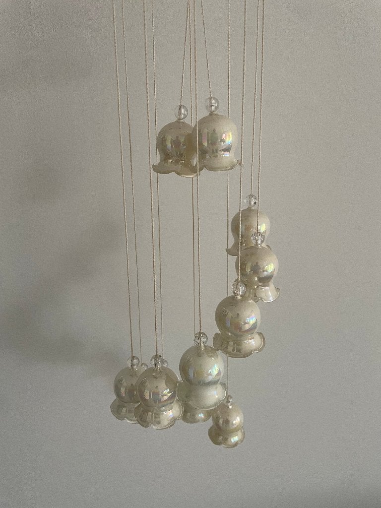 Vintage kerstmobiel met 12 glazen klokjes in originele doos, Diversen, Ophalen of Verzenden, Zo goed als nieuw