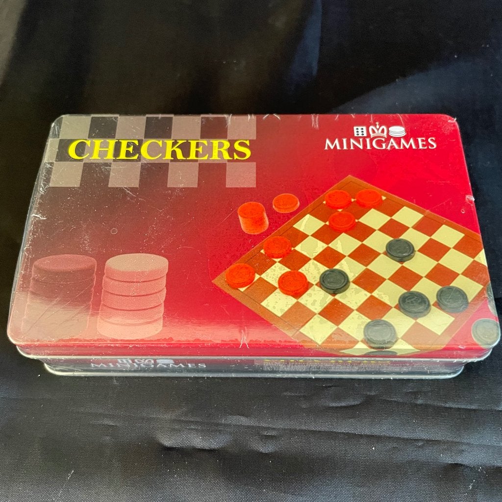 Damspel -Checkers minigames reisset compact in blikje., Een of twee spelers, Ophalen of Verzenden, Nieuw, Reisspel