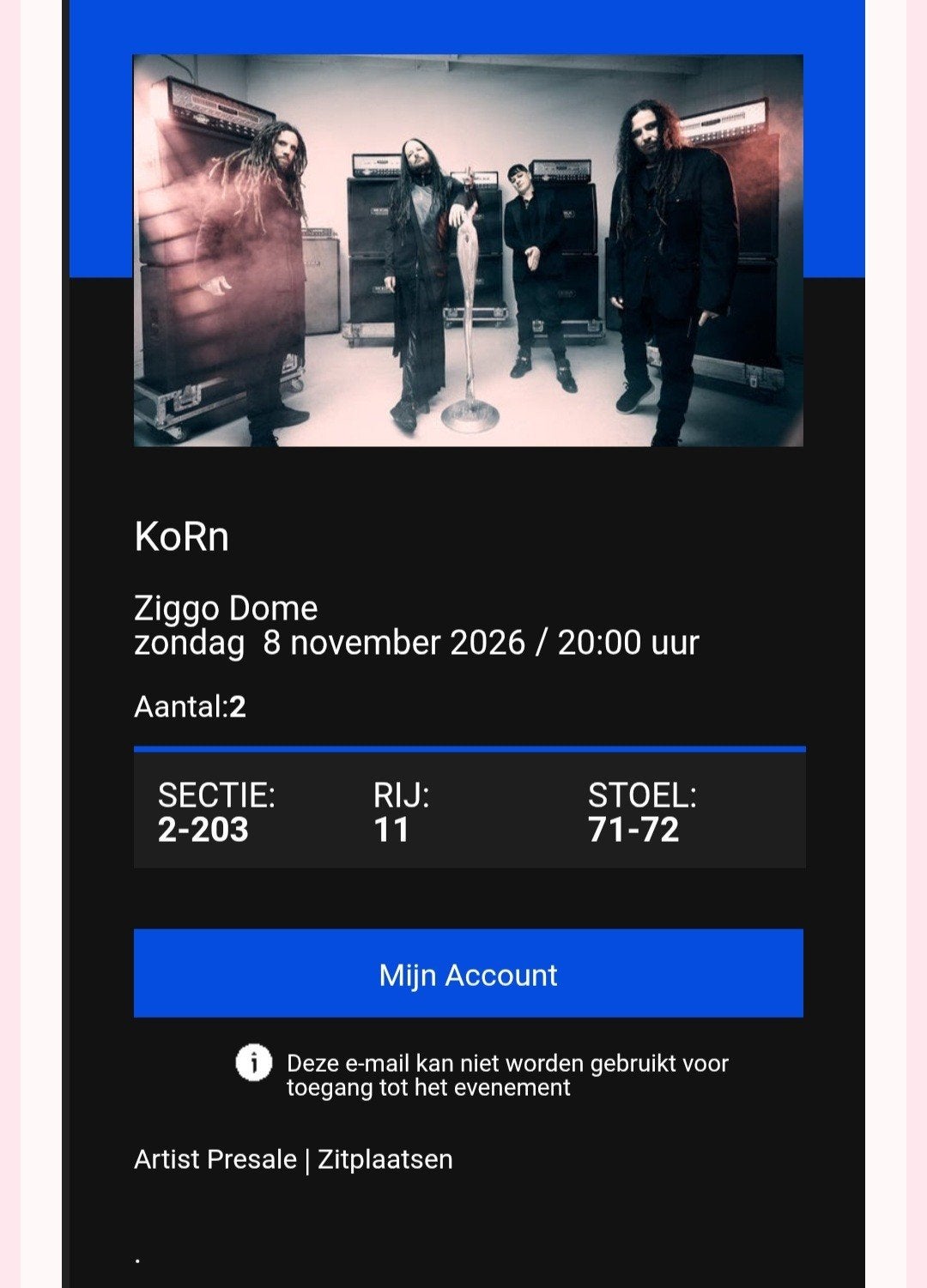 Korn 2x Tickets Ziggo Dome Amsterdam, Twee personen, November