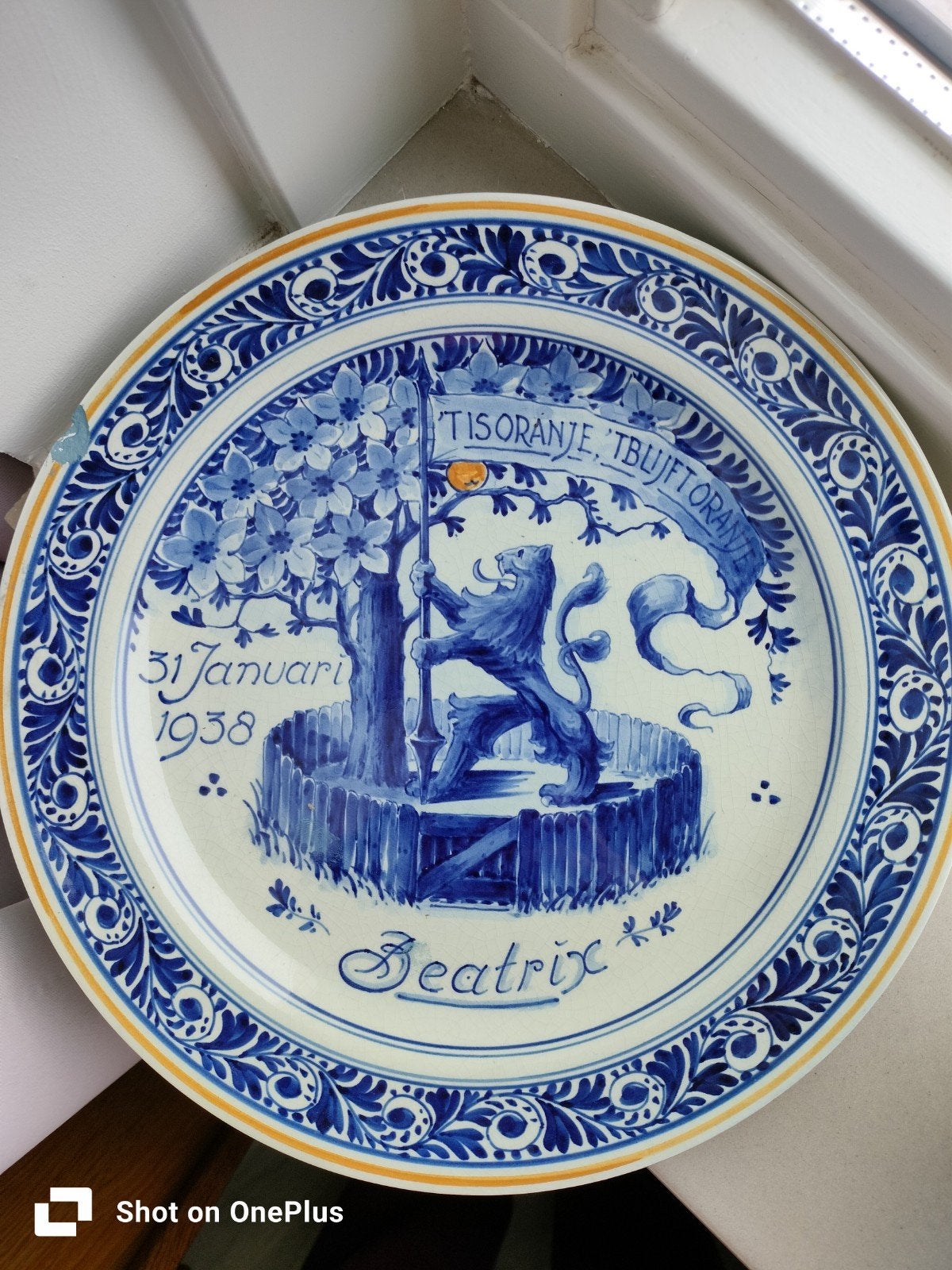 Delfts Blauw Herdenkingsbord Beatrix 1938 - 26 cm, Ophalen