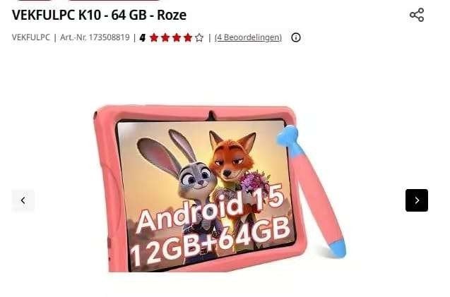 VEKFULPC K10 - 64 GB - Roze Kinder Tablet, Computers en Software, VEKFULPC, K10, Nieuw, Ophalen of Verzenden