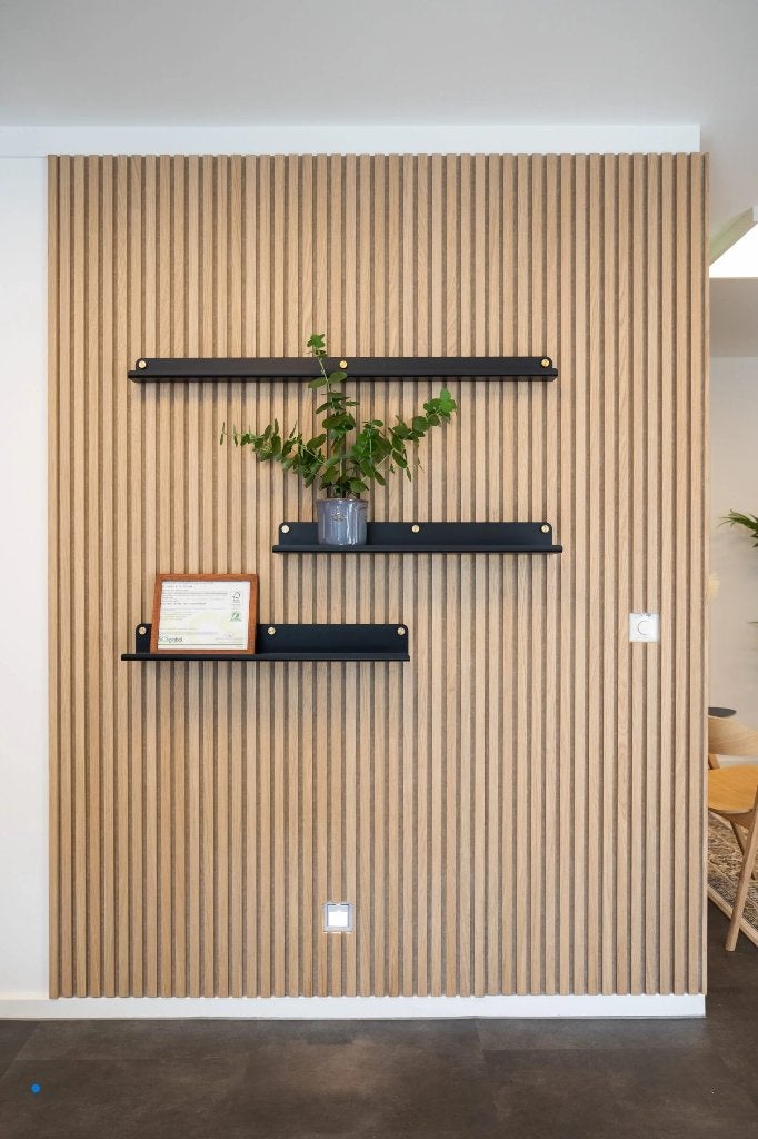Akupanel eiken op zandkleurig vilt lattenwand(LW12), Ophalen, 75 m² of meer, Beige, Overige typen