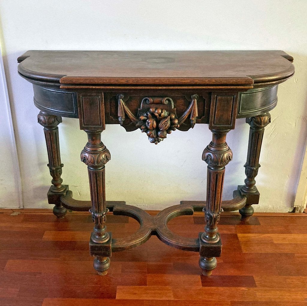 Antieke speeltafel, half inklapbaar tot sidetable, houtsnijw, Antiek en Kunst, Ophalen
