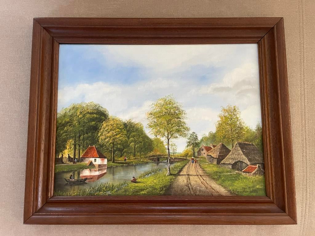Schilderij W. Schreuder 2005 - Hollands Landschap, Antiek en Kunst, Kunst | Schilderijen | Klassiek, Ophalen of Verzenden