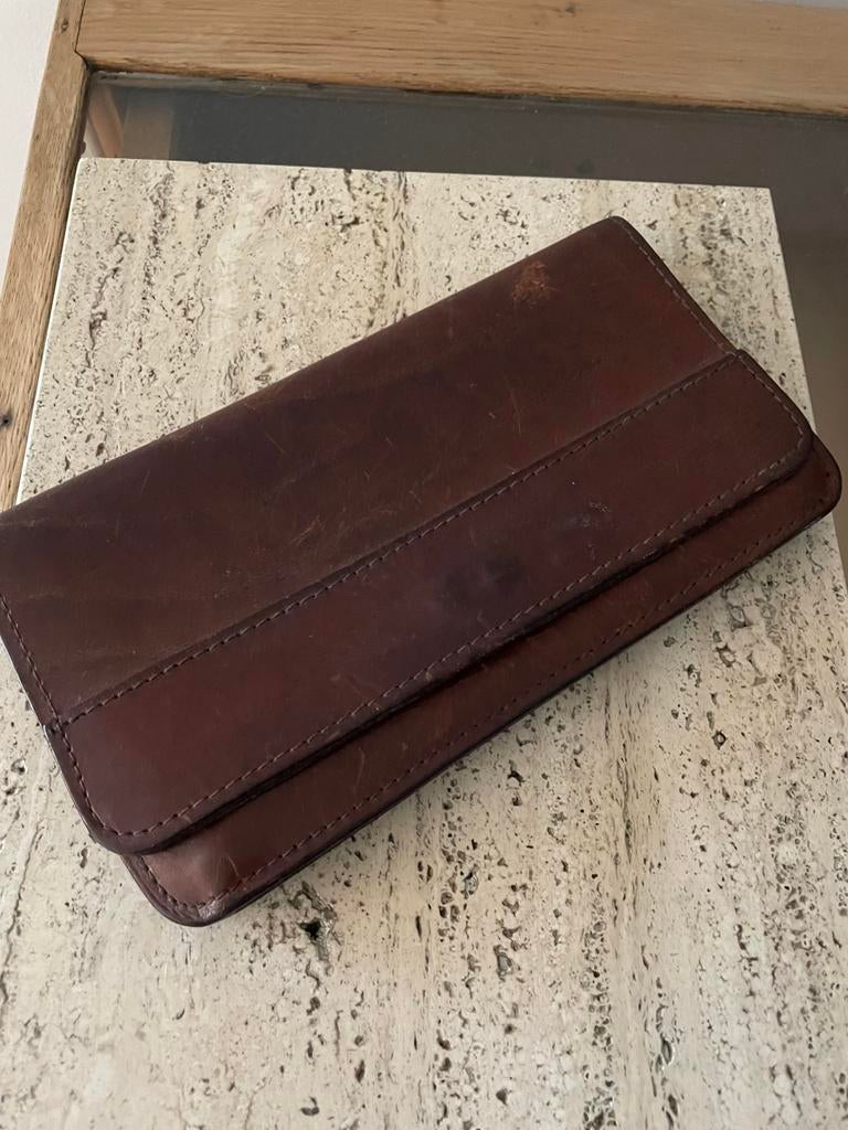 Vintage leer leren clutch tasje grote portemonnee, Ophalen of Verzenden, Bruin
