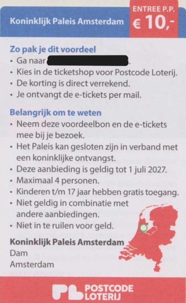 Koninklijk Paleis Amsterdam entree € 10,- p.p. Postcode bon., Drie personen of meer, Kortingskaart