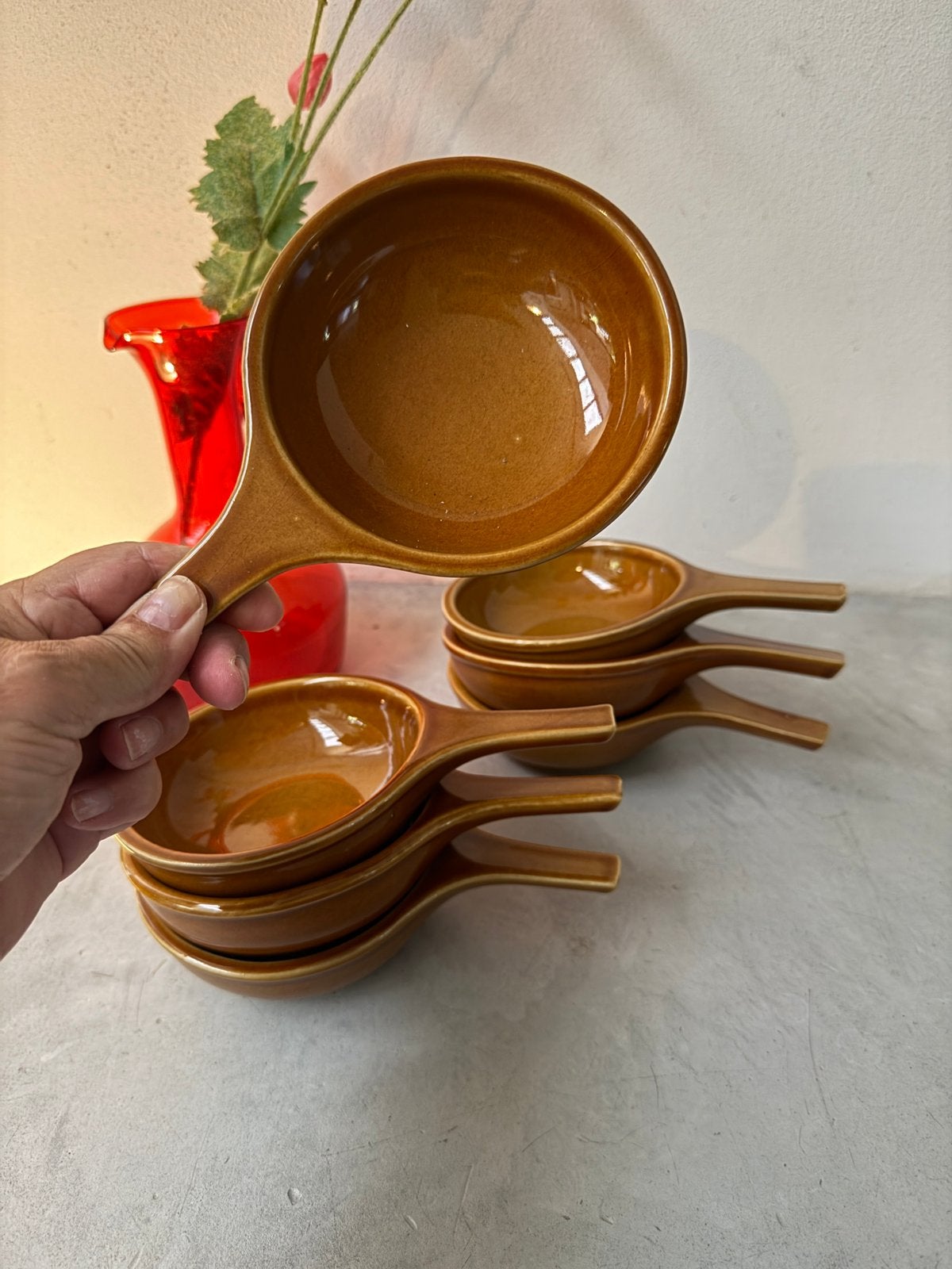 7 vintage keramieken tapas-/ovenschaaltjes met handgreep, Ophalen of Verzenden