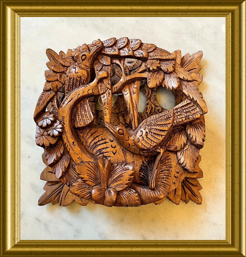 Klein Aziatisch houtsnijwerk paneeltje, Bali, vogels, relief, Minder dan 20 cm, Ophalen of Verzenden, Handgemaakt, Wanddecoratie