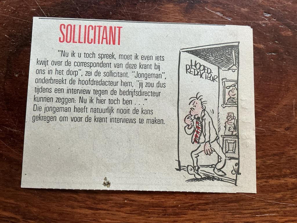 Karikatuur Dik Bruynesteyn Sollicitant 1986 krantenartikel, Ophalen of Verzenden, Knipsel(s)