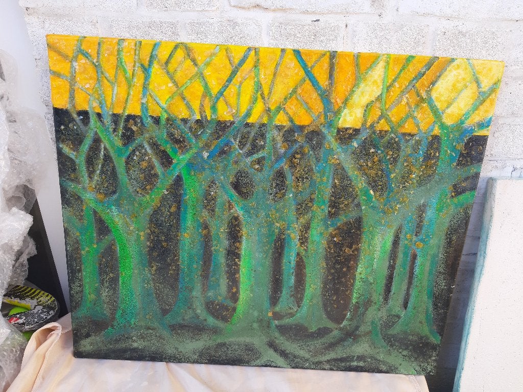 Modern Art, groen- geel boomstammen; met opgezet gele kuns, Acrylverf, Glas, Ophangklaar, Landschap