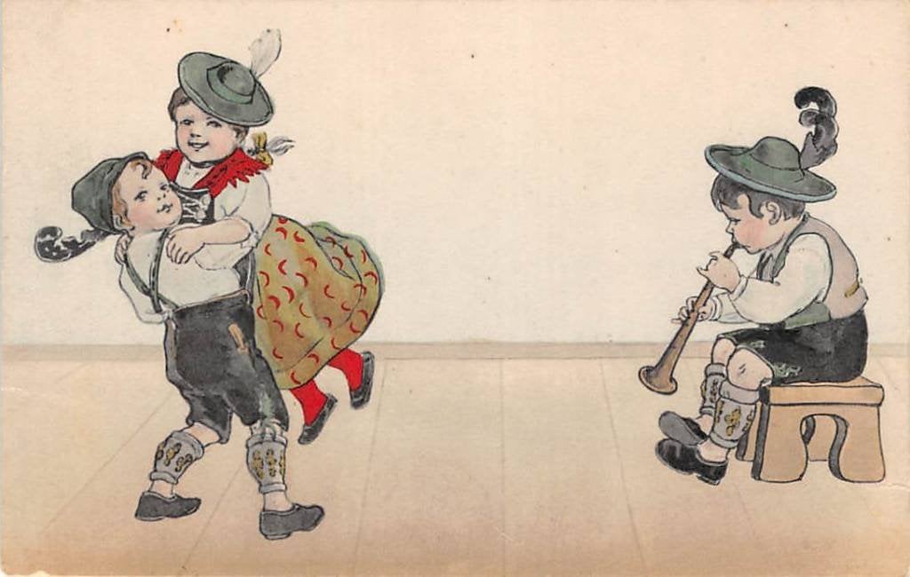 Fantasie Dansend paartje Lederhosen Duitsland Vintage Kind 6, Ophalen of Verzenden, Voor 1920, Ongelopen, Kinderen