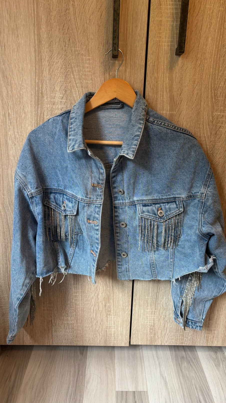 Denim glitter spijker jas, XS, Verzenden, Zo goed als nieuw, Maat 34 (XS) of kleiner, Blauw
