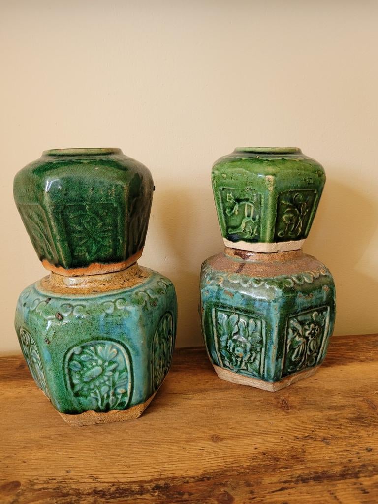 Oude chinese gemberpotten, turquoise, blauw groen, Ophalen of Verzenden