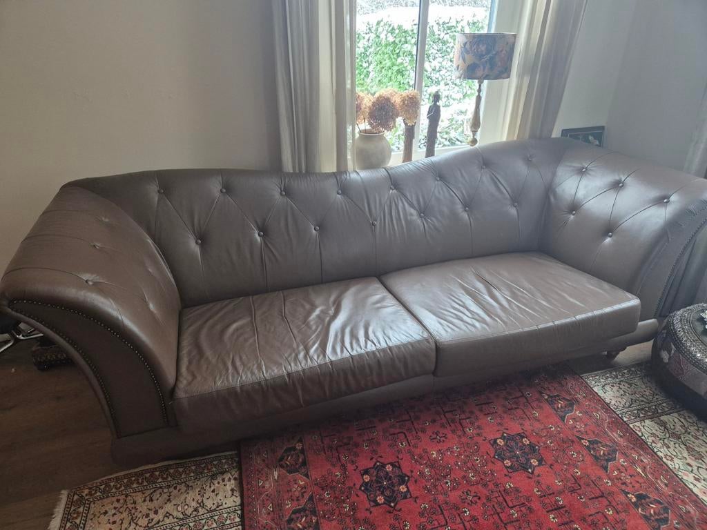 grote bruine leren bank, Ophalen, Gebruikt, 75 tot 100 cm, Driepersoons