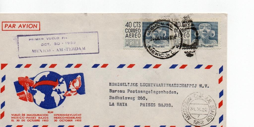 Poststuk Mexico. 1e vlucht KLM - 1952., Postzegels en Munten, Brieven en Enveloppen | Buitenland, Ophalen of Verzenden, Envelop