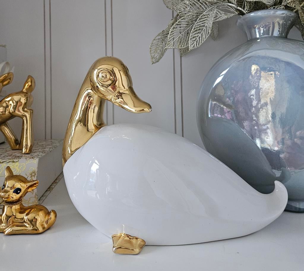 Grote Hollywood Regency Eendenbeeld Keramiek Goud, Ophalen of Verzenden, Gebruikt, Overige materialen, Dierenbeeld