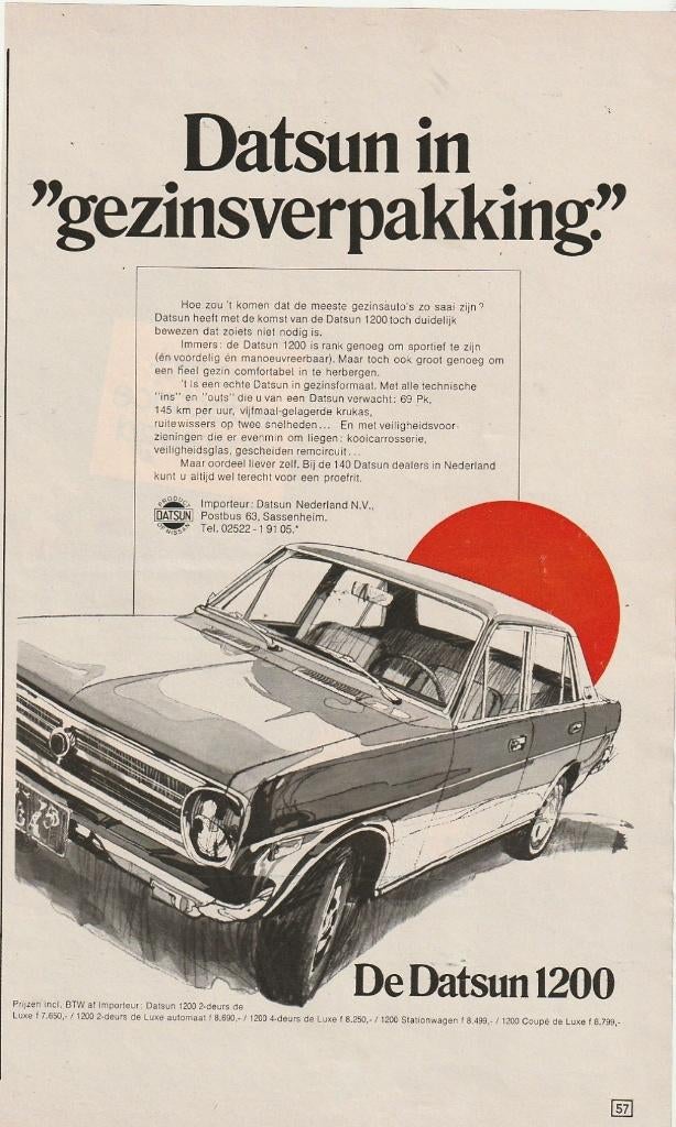 Retro reclame 1972 Datsun 1200 auto de gezinsverpakking, Verzenden, Overige typen