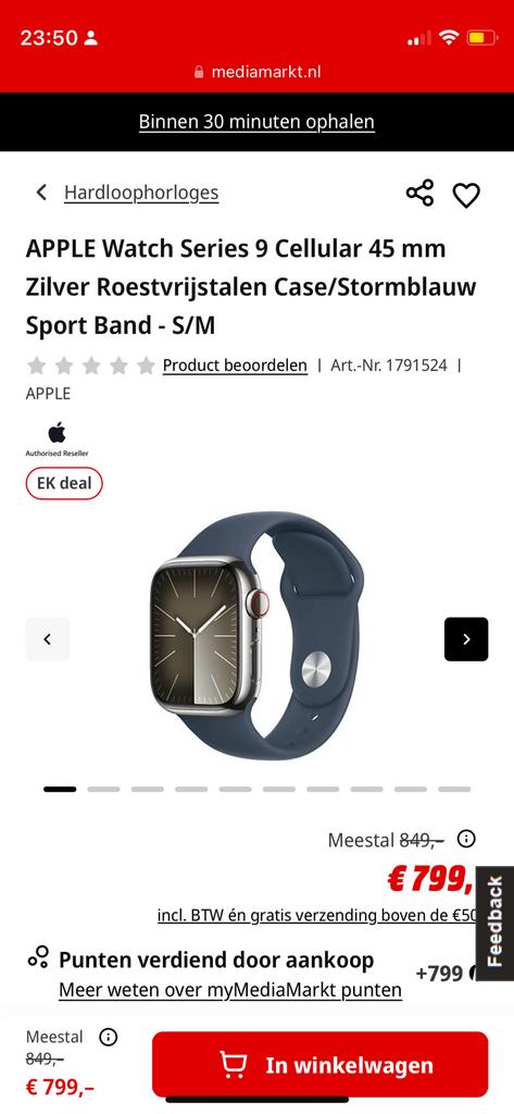 APPLE Watch Series 9 Cellular 45 mm Zilver Roestvrijstalen, Ophalen of Verzenden, Nieuw, Zwart, IOS
