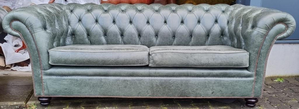 Chesterfield 3+2 zit bank groen leer + BEZORGING GRATIS, Huis en Inrichting, Banken | Bankstellen, Gebruikt, ., Chesterfield, Ophalen of Verzenden