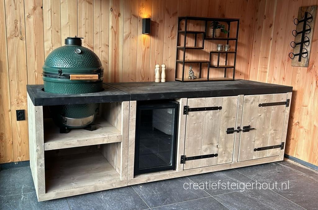 Steigerhouten buitenkeuken koelkast kamado wielen mancave, Ophalen of Verzenden, Nieuw
