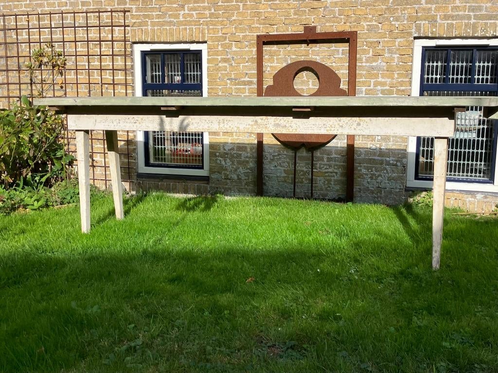 HOUTEN TUINTAFEL LANGWERPIG. OUD ONDERSTEL, BLAD STEIGERDELE, Ophalen, Gebruikt, Rechthoekig, Hout