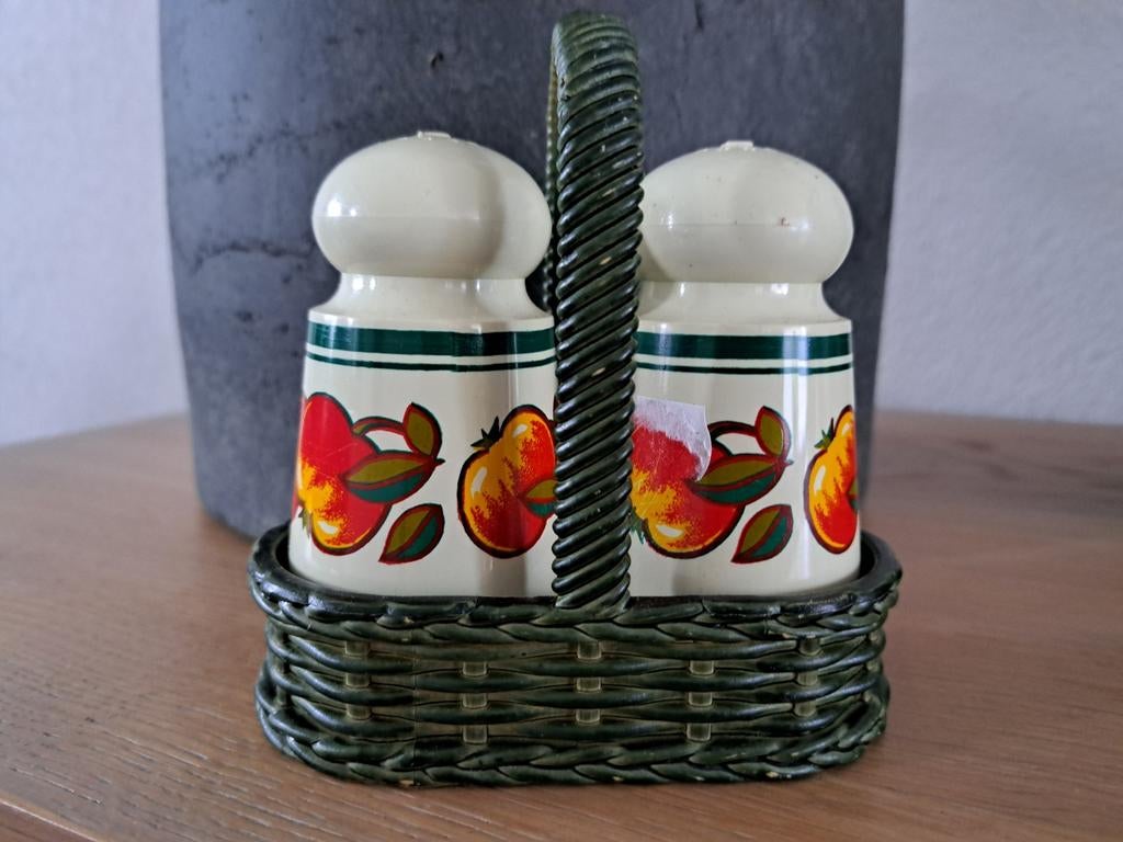 Vintage Emsa zout en peper stel in mandje jaren 70, Ophalen of Verzenden, Gebruikt