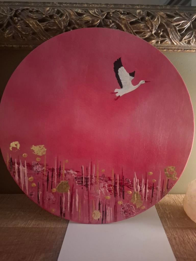 Semi abstract schilderij met ooievaar, Ophalen of Verzenden